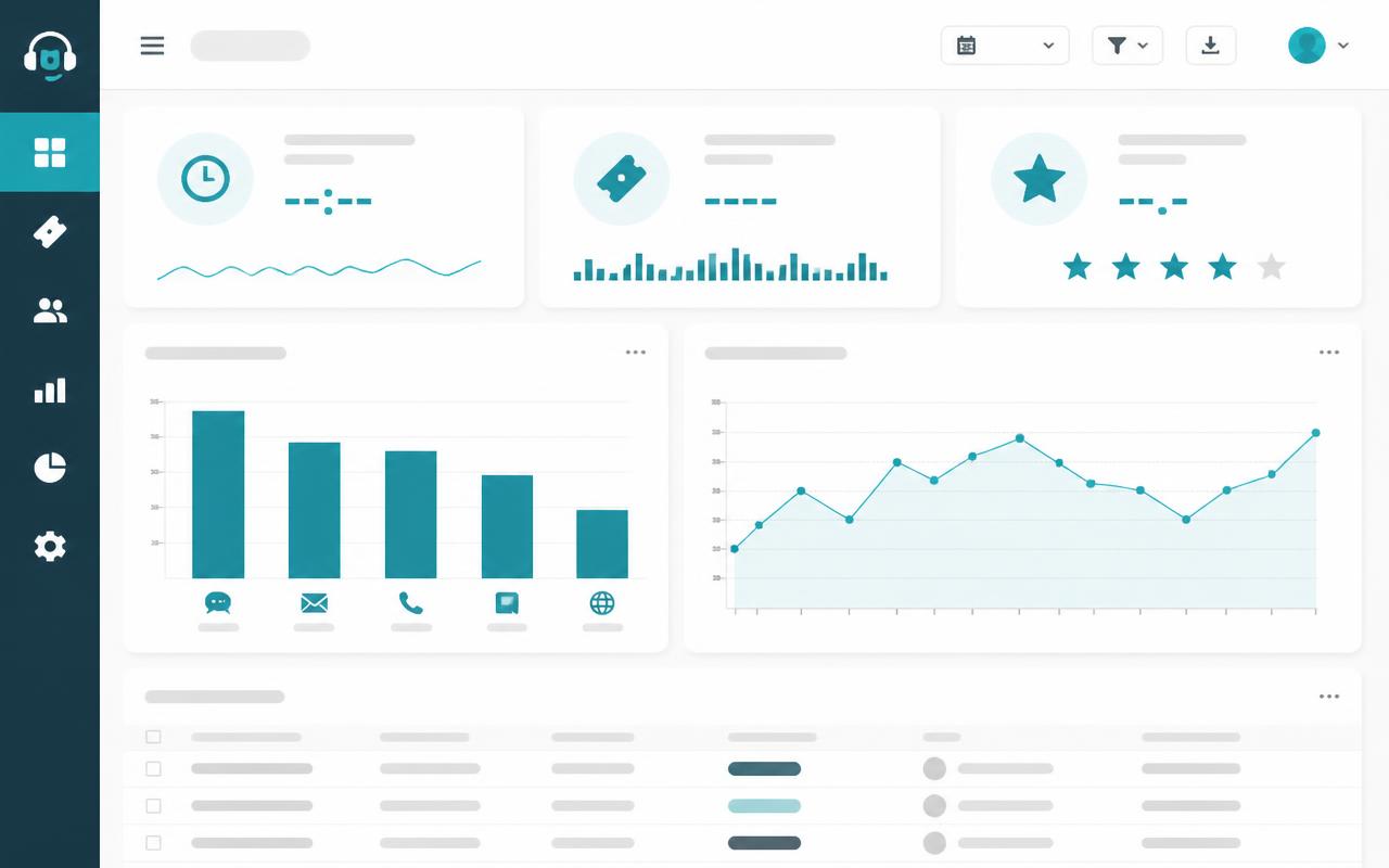 Support ticket dashboard with KPI cards for resolution time, ticket volume and satisfaction, plus bar and line charts